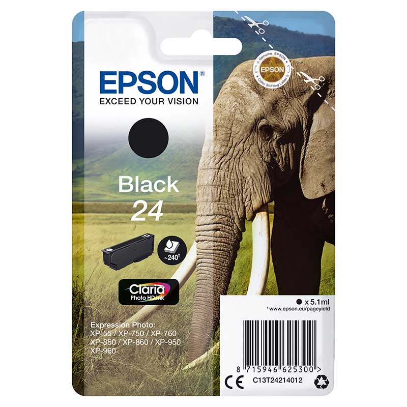 Epson 24 (T242140) Black Original Claria Photo HD Standard Capacity Ink Cartridge (Elephant)