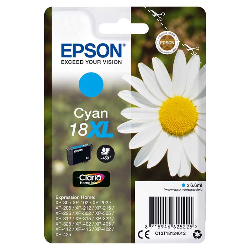 Epson 18XL (T18124010) Cyan Original Claria Home High Capacity Ink Cartridge (Daisy)